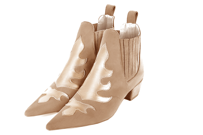 Tan beige and gold women's ankle boots, with elastics. Pointed toe. Low cone heels. Front view - Florence KOOIJMAN